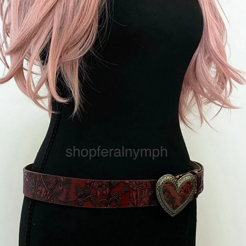 Red Floral Embossed Heart Buckle Western Y2K Belt, Fits 33-43 Inches, X7GA1288